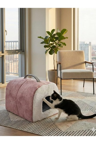 Tr Taşınabilir Kedi Köpek Yatağı, Mağara Model Yuva, Pembe, S Beden
