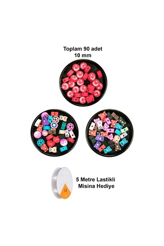 90 Adet 10 Mm Polimer Kil Fimo Boncuk Takı Bileklik + 5 Metre Misina Hediye - Karışık - Bayrak - Ayıcık