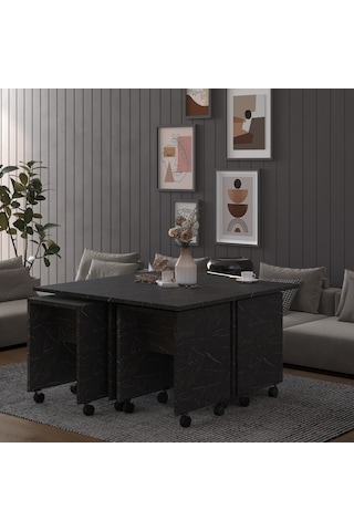 Asra Trend Akıllı Orta Sehpa OS003 %100 MDF 5 Parça Yavrulu Puf Sehpa Seti Royal Mermer