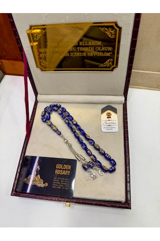 Özel Yazılı Ve Özel Kutulu 24k Altın Parçacıklı Lacivert Tesbih Sertifikalı Kisiye Özel Harfli Hediye