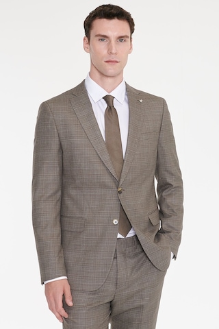 Ac&Co / Altınyıldız Classics Erkek Bej Yünlü Slim Fit Dar Kesim Mono Yaka Kapak Cepli Desenli Esnek Takım Elbise