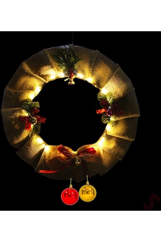 Yılbaşı 50cm Jüt Kapı Çelengi, Led Işıklı
