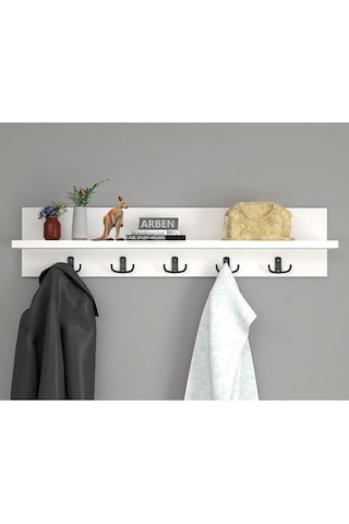 Ahşap Raflı Duvar Askılığı 5 Kancalı Portmanto Askı Anahtarlık Askısı Banyo Giriş Hol İçin 70 Cm Beyaz