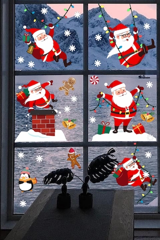Yılbaşı Sticker Sevimli Noel Baba ve Kar Taneleri Pencere Duvar Süsü
