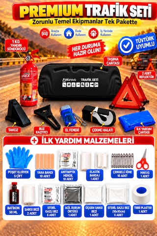Trafik Ve İlk Yardım Seti Tüvtürk Muayene Uyumlu Ce Belgeli Abc 1kg Yangın Söndürücü Ve E Belgeli Reflektör-siyah