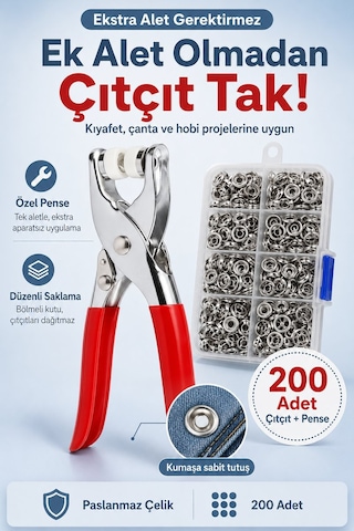 200 Adet Paslanmaz Çelik Metal Çıtçıt Düğme Ve Hobi Pense Seti Çıt Çıt Makinesi