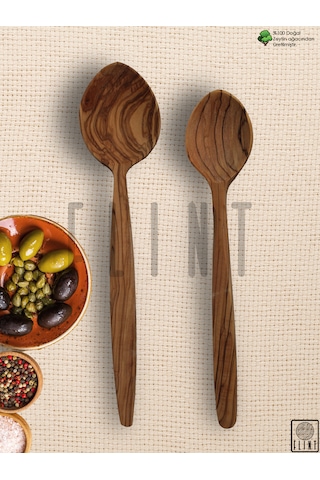 Zeytin Ahşap Tahta Kaşık 2'li Set Tahta Yemek Servis Mutfak Seti