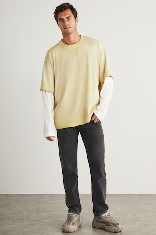 Deny Erkek Uzun Kol Detaylı Oversize Fit Bol Kesim Bisiklet Yaka %100 Organik Pamuk Açık Bej T-shirt