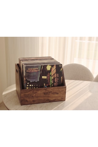 Ahşap Lp Plak Sandığı Koyu Ceviz Rengi - Organizer Kutu - Wooden Lp Record Box Dark Walnut Color Koyu Yeşil