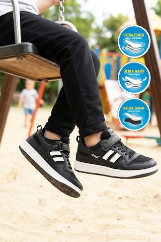 Cool Siyah Fileli Hafif Cırtlı Unisex Çocuk Spor Ayakkabı Stella F