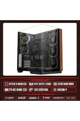 Xaser WOODEN X170 R7-9800X3D 32 GB 2 TB M.2 NVMe SSD 12 GB RTX5070 Free Dos Masaüstü Oyuncu Bilgisayarı