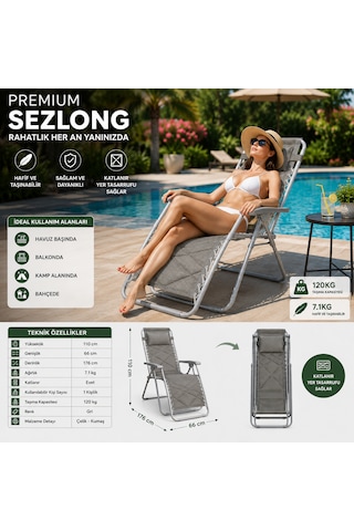 Premium Katlanır Şezlong Gri Ergonomik Bahçe, Kamp, Havuz, Balkon Ve Plaj Dinlenme Koltuğu Çelik Gövde 120 Kg Taşıma Kapasiteli