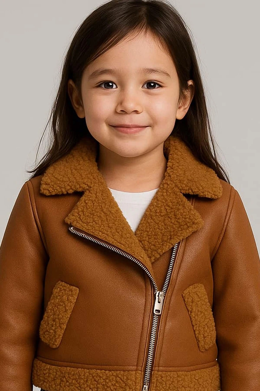 Riccotarz Kız Çocuk Kolları Ve Yakası Peluş Detaylı Kahverengi Ceket Dik Yaka Kazak Deri Alt Üst Takım Kahverengi