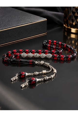Erkek Hediyelik Kişiye Özel İsim Yazılı Kırmızı Siyah Sürmeli Sıkma Kehribar Tesbih Harf Püsküllü Ahşap Kutulu Kırmızı - Siyah