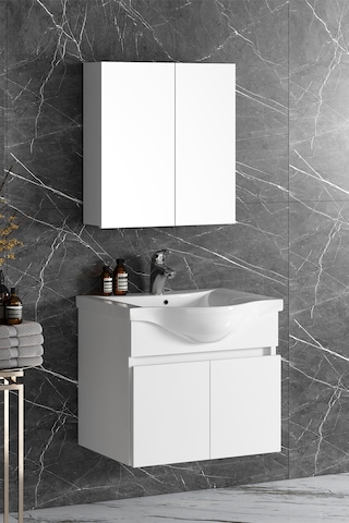 Yıldız 65 Cm Beyaz Mdf Seramik Lavabolu Asma Banyo Dolabı Takımı Beyaz