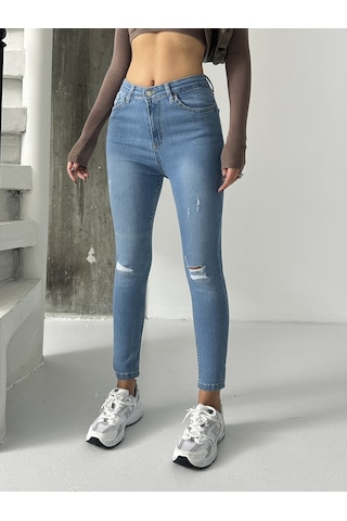 Kadın Diz Lazer Yırtık İşlemli Kot Dar Paça Mavi