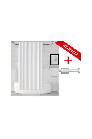 Beyaz Renk Boru Hediyeli Banyo Perdesi Beyaz