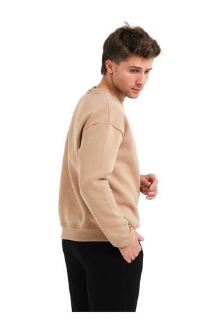 Justever Bisiklet Yaka Nakışlı Şardonlu İçi Polarlı Vizon Erkek Sweatshirt - Volar Vizon