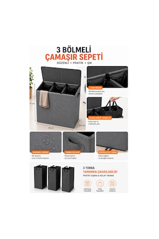 Esti 128 Litre 3 Bölmeli Kapaklı Çamaşır Sepeti - Taşınabilir İç Torba, Katlanabilir Geniş Hacimli Kirli Sepeti - 59x30,5x71 Cm Antrasit