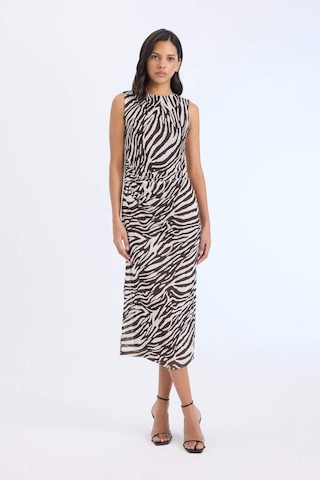 Defacto Bodycon Vücudu Saran Yarım Balıkçı Yaka Zebra Desenli Tül Kolsuz Midi Elbise E2903AX25SP Kahve