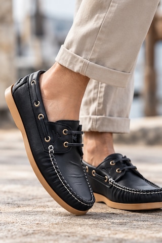 Liarca Marin Boat Shoe, %100 Hakiki Deri Siyah Bej Kauçuk Taban Erkek Boat Shoe Mokasen Laofer Casual A... Siyah - Bej