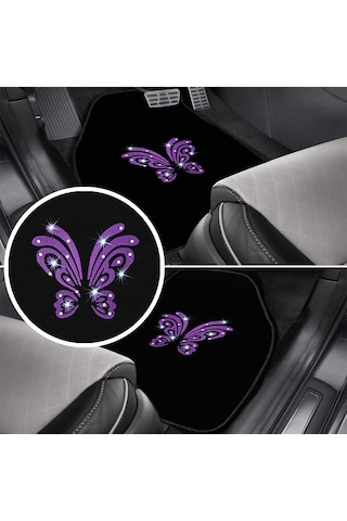 Kadın Sürücülere Özel: Mor Kelebek Zarafeti & Taşlı Siyah Oto Halı Paspas Seti 5 Parça Nakışlı