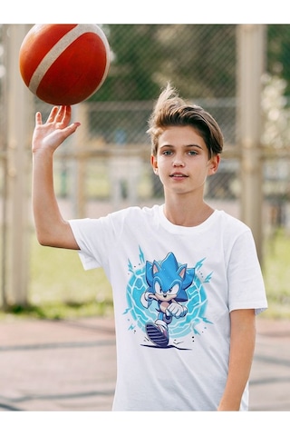 Sevbano Süper Sonic The Hedgehog Baskılı Unisex Çizgi Film Çocuk Tişört Beyaz