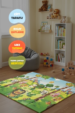 Katlanabilir Çift Taraflı Eğitici Çocuk Oyun Matı, Halısı 180x150x1 Taşıma Çantalı - Aslan Kral