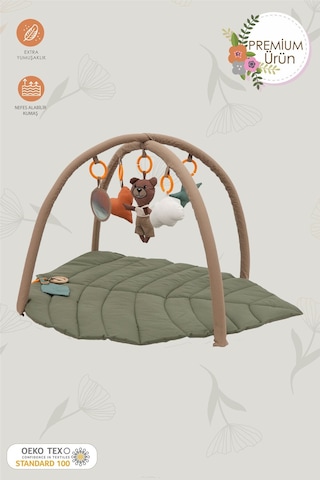 Mordesign Bebek Oyun Alanı,ayı Bebek Aktivite Matı,yaprak Oyun Matı, Bebek Egzersiz Set,baby Gym Seri, Haki