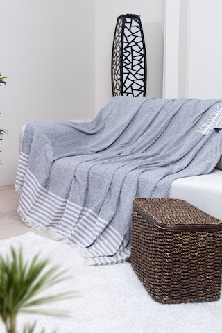 Pamuklu Püsküllü Elmas Desenli Koltuk Örtüsü 170x210 Cm Dekoratif Kanepe, Yatak Ve Tv Örtüsü Koyu Gri