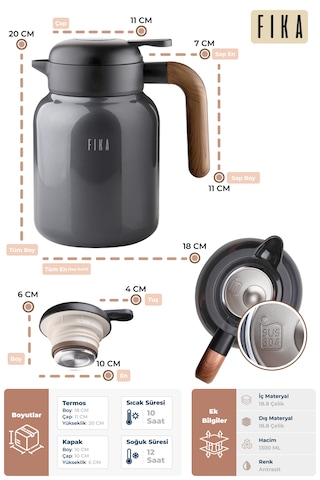 Fika Paeta Çift Katmanlı Sızdırmaz Kapaklı Çelik Orta Boy Sürahi Termos 1300 Ml Antrasit