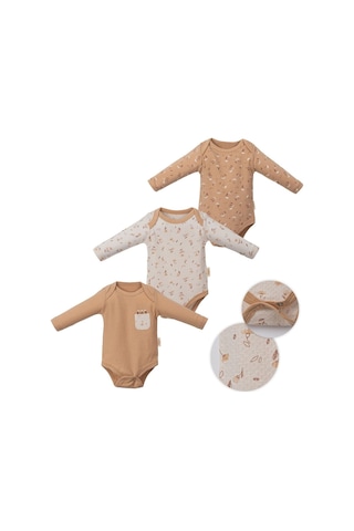 Çiçekli Uzun Kol Üçlü Body Set Bej