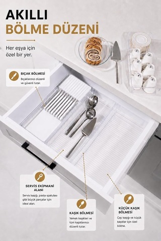 Çekmece İçi Bıçaklık Organizer Bölmeli Mutfak Düzenleyici Beyaz S-11029 Çok Renkli