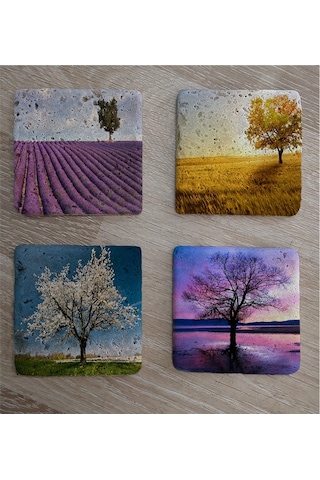 Tek Ağaçlı Manzaralar Doğal Taş Bardak Altlığı 4'lü Set - Natural Stone Coasters-174257 Mor