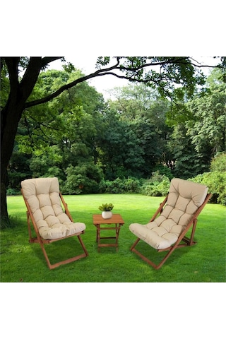 Ahşap Kademeli Rahat Dolgu Minderli Şezlong Takımı 3'lü Ahşap Şez