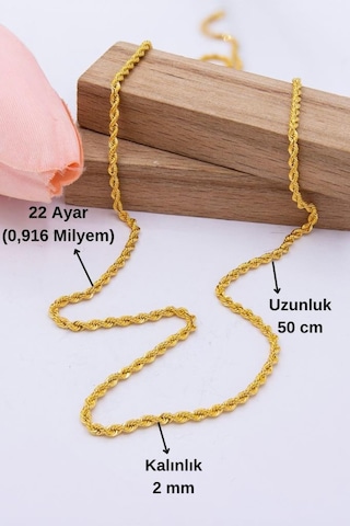 Latif Kuyumculuk 22 Ayar Altın 2 Mm Kalınlık Halat Zincir 50 Cm Uzunluk Kadın Altın Zincir Kolye