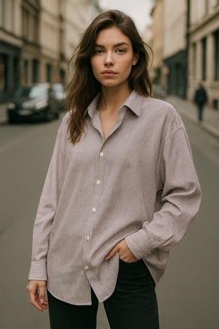 Kadın Bordo Çizgili Beyaz Oversize Gömlek Over Fit Relaxed Gömlek Çok Renkli