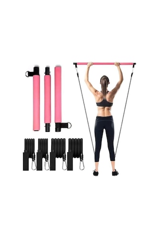 Valkyrie 4 Lastikli 1. Kalite Pilates Bar Egzersiz Çubuğu Ayarlanabilir Zorluk Evde Spor Squat Kademeli Çantalı Kolay Kurulum Pembe