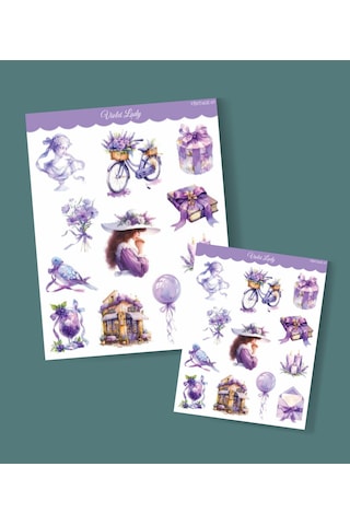 Violet-mor Lady- Ajanda Defter Süsleme-vintage Sticker Set Mat Kağıt-2li Etiket Seti-journal Süsleme Beyaz