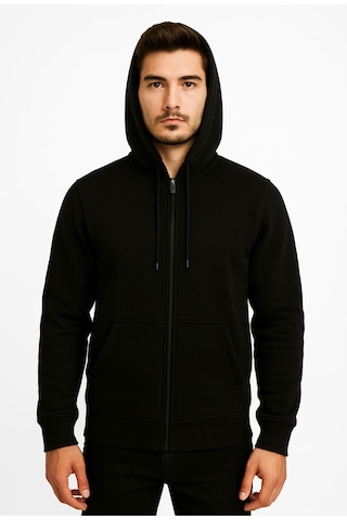 Axxel Erkek Siyah Fermuarlı Kapüşonlu Sweatshirt-w590 Siyah 3 İplik Şardonlu