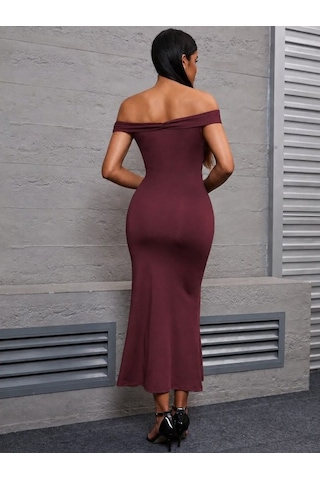 Efnaz Style Kadın Omzu Açık Madonna Yaka V Çentik Detaylı Uzun Dalgıç Elbise Bordo