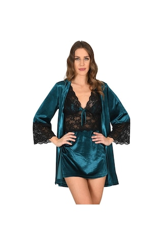 Sistina Bayan Petrol Yeşili Kadife Sabahlık Gecelik Takım 1443 Petrol Yeşili