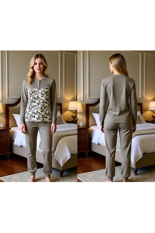 Kadın Pamuklu Açık Kahve Renk Pijama Takımı Al501 Kahve