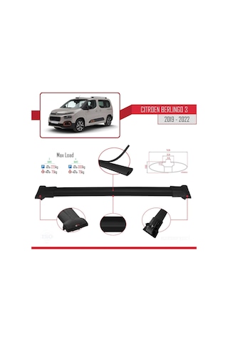 Citroen Berlingo 2019-2022 Arası İle Uyumlu Fly Model Ara Atkı Tavan Barı Siyah 3 Adet Bar