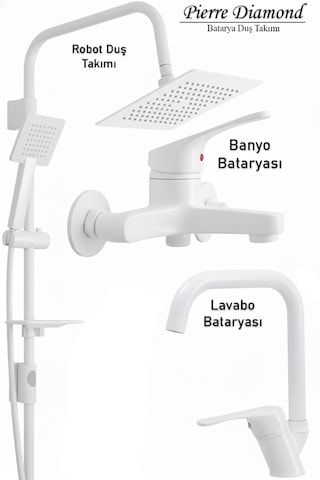 469845 Lavabo Banyo Bataryası Robot Duş Takımı Musluk Armatür Siyah Beyaz Krom Renk Beyaz