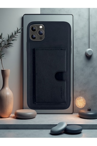 Kartlıklı Tutacaklı Apple Uyumlu iPhone Hakiki Deri Koruyucu Kılıf 13 Pro Max Siyah