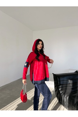 Modasize Kadın Kırmızı Kapşonlu Etek Ucu Detay Arma Ters Dikiş Gorunumlu Ikili Takım Kırmızı