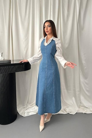 Duygudan Mavi Halter Yaka Jean Elbise - Mavi Çok Renkli