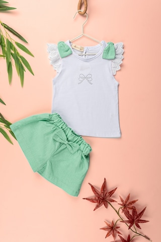 Novy Baby Fiyonklu Taş Baskılı Tshirt Şortlu Kız Çocuk 2'li Takım 2-5 Yaş