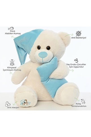 Pufu Toys Pelüş Uyku Arkadaşım Ayıcık 60 Cm Beyaz Mavi 03007 Krem